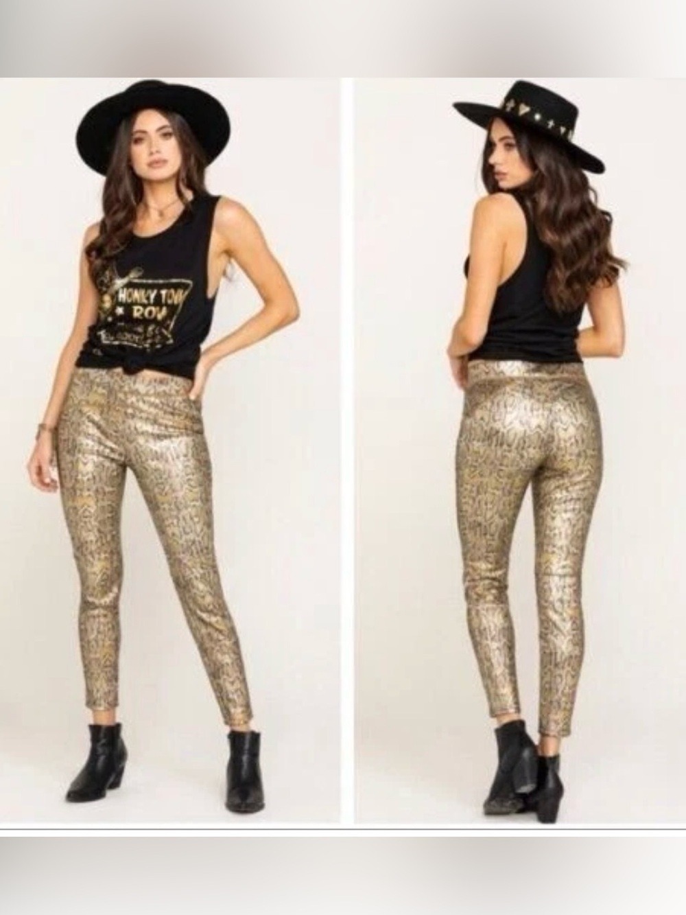 FREE PEOPLE Metallic GOLD Animal SNAKE Print faux leather LEGGINGS Pants L NWOT